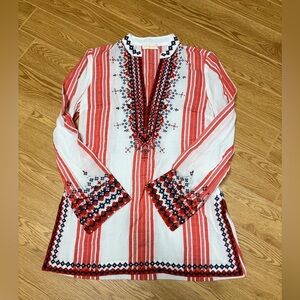 Tory Burch Red White Embroidered Boho Tunic Top Size 4